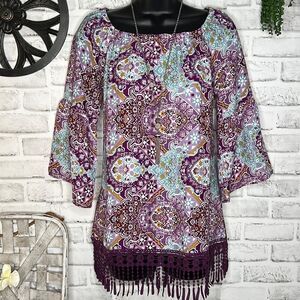 Charming Charlie Boho Hippie Purple Crochet Tassel Fringe Top Shirt Size Small